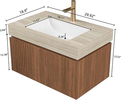 Bathroom Vanity with Sink 30 Inch, Floating Bathroom Vanity Sink Cabinet with Drawer and Door, Undermount Sink & Travertine-Pattern Sintered Stone Top, Pre-Assembled,Brown Oak