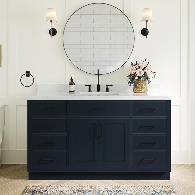ARIEL Hepburn 60-inch Bathroom Vanity with Sink,Solid Wood, 1.5-inch Carrara White Quartz Countertop, Single Rectangular Porcelain Sink, 2 Soft Closing Doors, 9 Dovetail Drawers, Midnight Blue