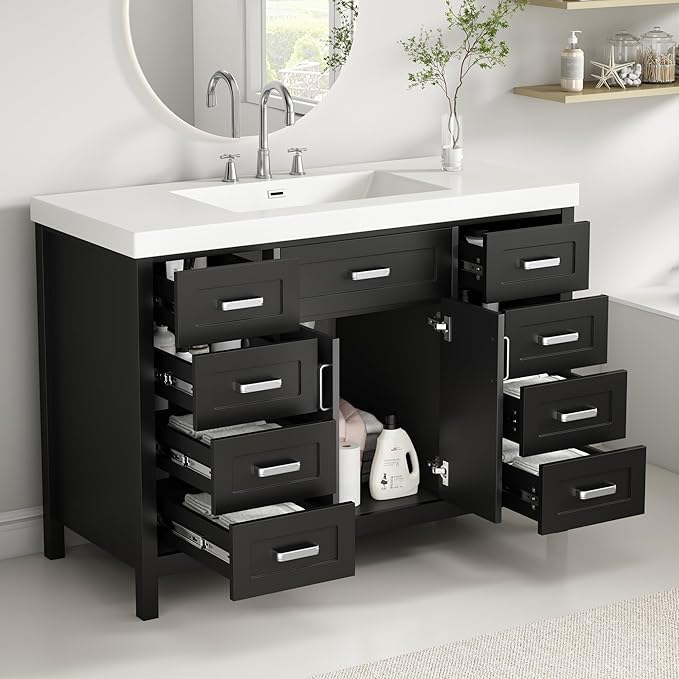 Harper & Bright Designs 48" Bathroom Vanity Set with Sink, Free Standing Single Basin Vanity Set with 2 Soft-Close Doors and 8 Drawers, Wood Storage Cabinet with Resin Basin for Bathroom, Black