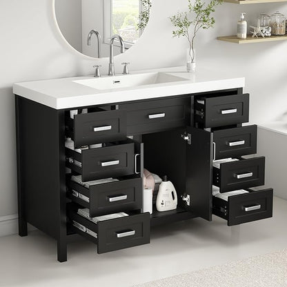 Harper & Bright Designs 48" Bathroom Vanity Set with Sink, Free Standing Single Basin Vanity Set with 2 Soft-Close Doors and 8 Drawers, Wood Storage Cabinet with Resin Basin for Bathroom, Black