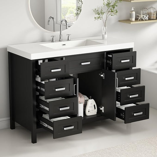 Harper & Bright Designs 48" Bathroom Vanity Set with Sink, Free Standing Single Basin Vanity Set with 2 Soft-Close Doors and 8 Drawers, Wood Storage Cabinet with Resin Basin for Bathroom, Black