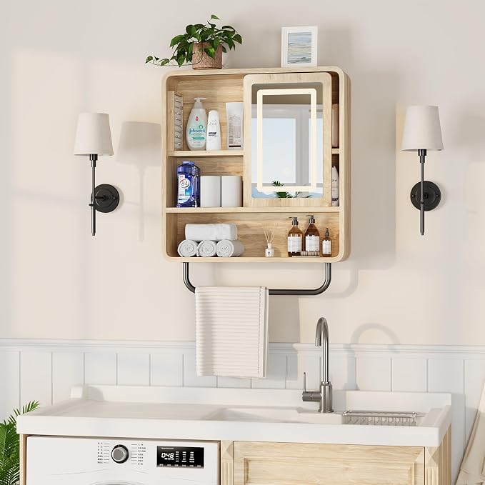 Modern Bathroom Wall Cabinet, Medicine Cabinets with Mirror, Over The Toilet Storage Cabinet for Bathroom, Towel Bar, Sliding Door, 3 Lighting Modes, Adjustable Brightness, Natural Oak