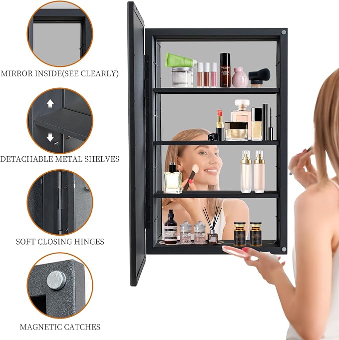 Black Bathroom Medicine Cabinet with Mirror Squared Rectangle Metal Frame Recessed Or Wall Mounted Single Door Storage Medicine Cabinets with 3 Adjustable Shelves (Black, 20 * 30'')
