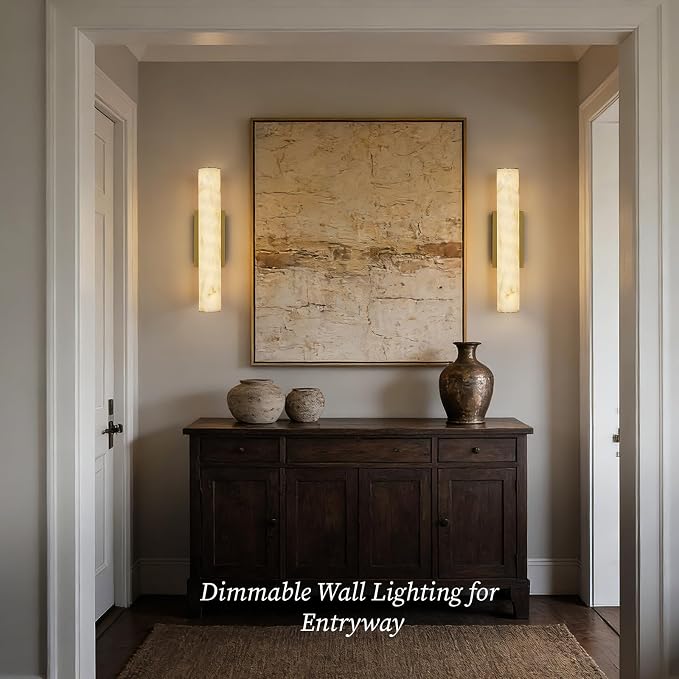 Alabaster Wall Sconce, 20in Linear Gold Brass Wall Sconces, Luxury Marble Look Bathroom Vanity Light, 3000K Dimmable Hardwired Wall Lamp for Living Room Bedroom Hallway, 1 Pack, Faux Alabaster
