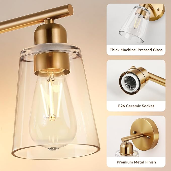 TALOYA 19 Inch Brushed Gold Bathroom Light Fixtures with Thickend Clear Tapered Glass Shade, 3-Light Modern Vanity Light Over Mirror for Bathrooms, Bedrooms (Bulbs Not Included)