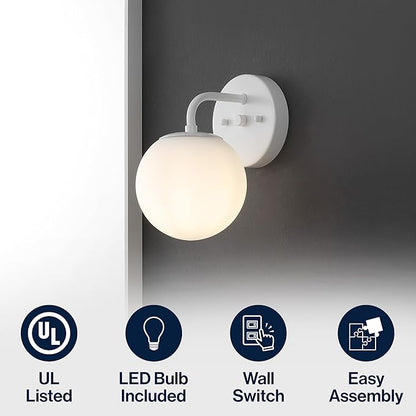 JONATHAN Y 5.75" White 1-Light Modern Globe Wall Sconce Vanity Light for Bathroom, White Frosted Glass Shade, Midcentury Parisian Bistro Wall Lamp, LED Bulb Included (JYL3534D)