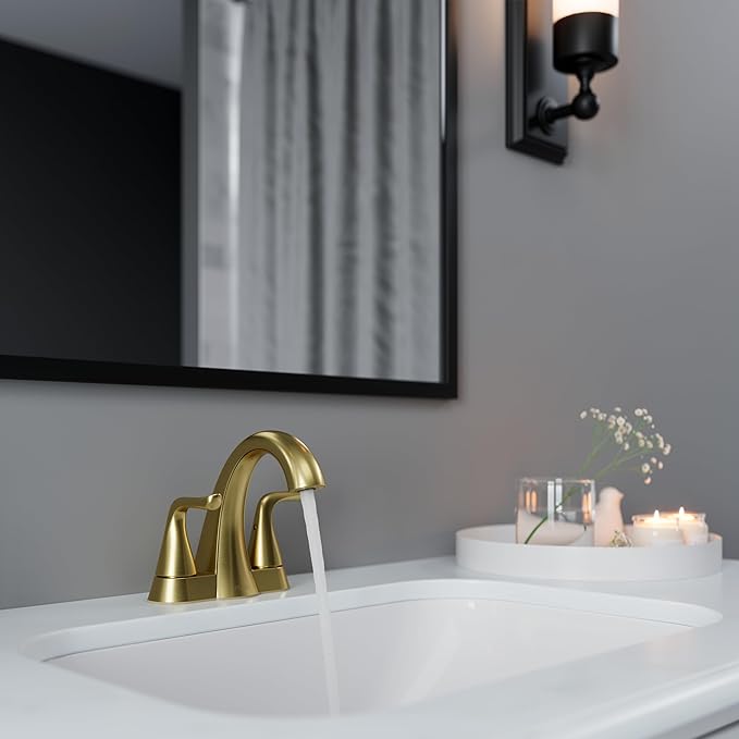 Pfister Willa Bathroom Sink Faucet, 4-Inch Centerset, 2-Handle, 3-Hole, NSF Certified, Brushed Gold Finish, LF048MALBG