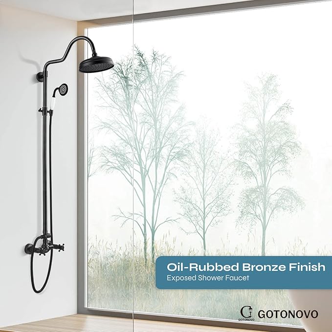 gotonovo Luxury Exposed Shower Faucet Set Bathroom Shower System 8 Inch Wall Mount Rainfall Shower Head with Handheld Spray Cross Double Handle Shower Fixture Adjustable Arc Rod Oil Rubbed Bronze