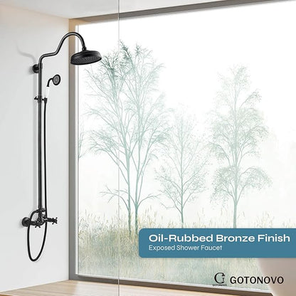 gotonovo Luxury Exposed Shower Faucet Set Bathroom Shower System 8 Inch Wall Mount Rainfall Shower Head with Handheld Spray Cross Double Handle Shower Fixture Adjustable Arc Rod Oil Rubbed Bronze