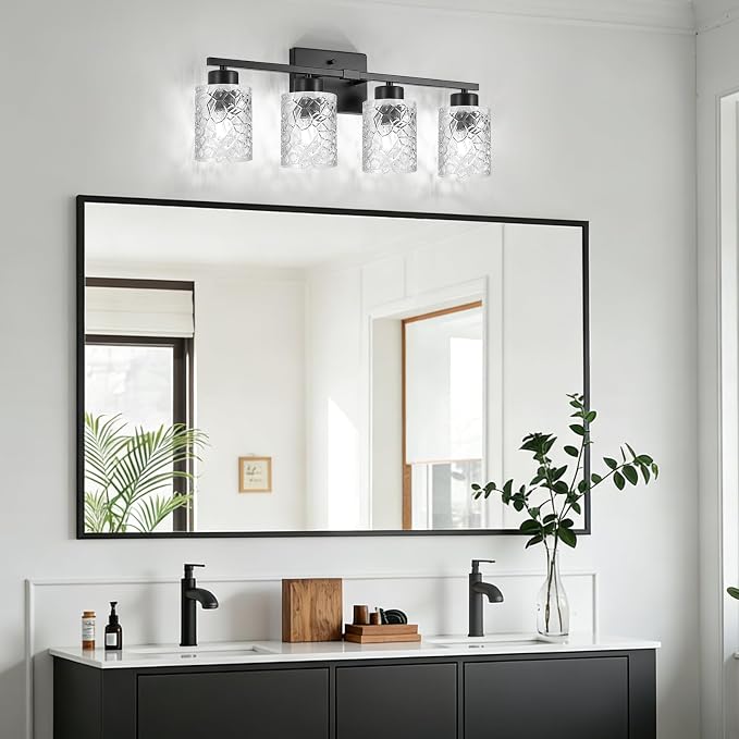 4-Light Bathroom Light Fixtures, Black Vanity Lights Over Mirror | Wall Sconces with Clear Textured Glass Shades for Living Room Bedroom Hallway,E26 Base (Bulbs Not Included)