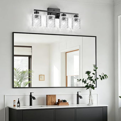 4-Light Bathroom Light Fixtures, Black Vanity Lights Over Mirror | Wall Sconces with Clear Textured Glass Shades for Living Room Bedroom Hallway,E26 Base (Bulbs Not Included)