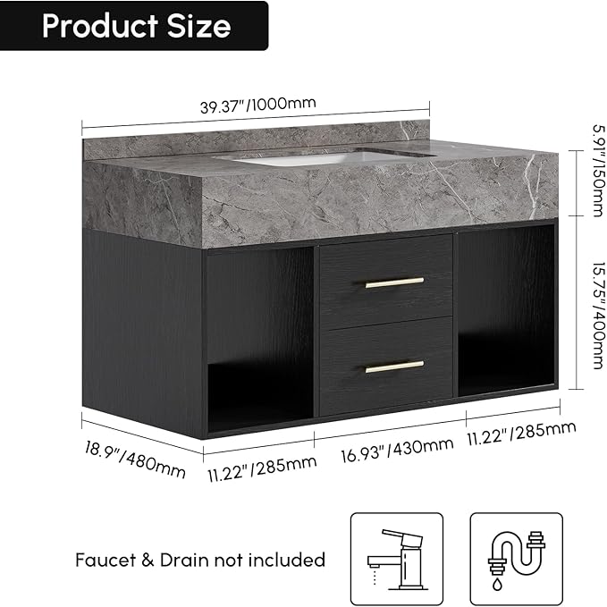 KunMai 39.4" Black Floating Bathroom Vanity with Sink – Modern Wall Mounted Bathroom Cabinet with Sintered Stone Countertop, Soft-Close Drawers, Space-Saving Vanity for Small Bathrooms