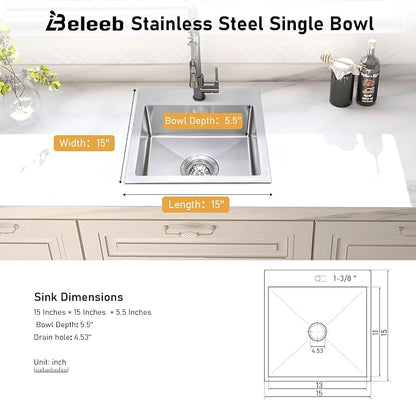 Drop-in Bar Sink 15"x15" Single Bowl: 3D Micro-pebble Embossed | 18-Gauge Stainless Steel Square Sink, 9" Deep, Top Mount, Anti-Condensation, for RV, Kitchenette