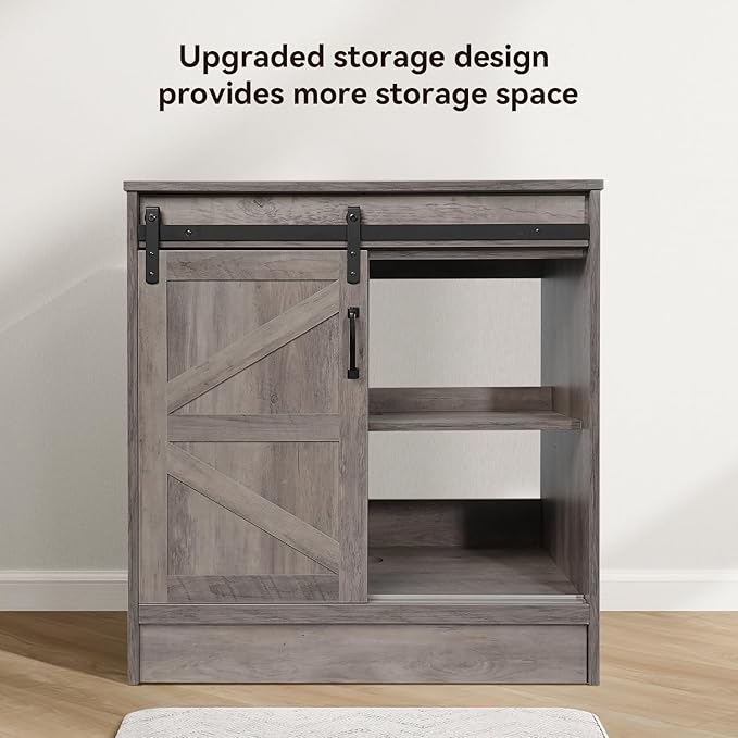 30" Barn Door Bathroom Vanity, Farmhouse Style Standing Pedestal Cabinet with Black and White Ceramic Vessel Sink