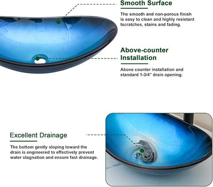 Sarlai Blue Boat Shap Bathroom Vessel Sink with Black Faucet and Pop Drain 21 x 14 Inch Modern Artistic Tempered Glass Basin Countertop Bowl Sink