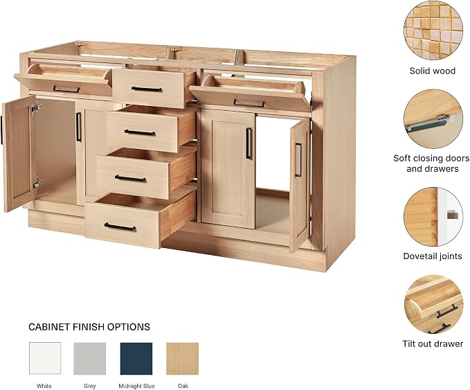 ARIEL Hepburn 60-inch Bathroom Vanity Base Cabinet,Solid Wood, 4 Soft Closing Doors, 6 Dovetail Drawers, White Oak