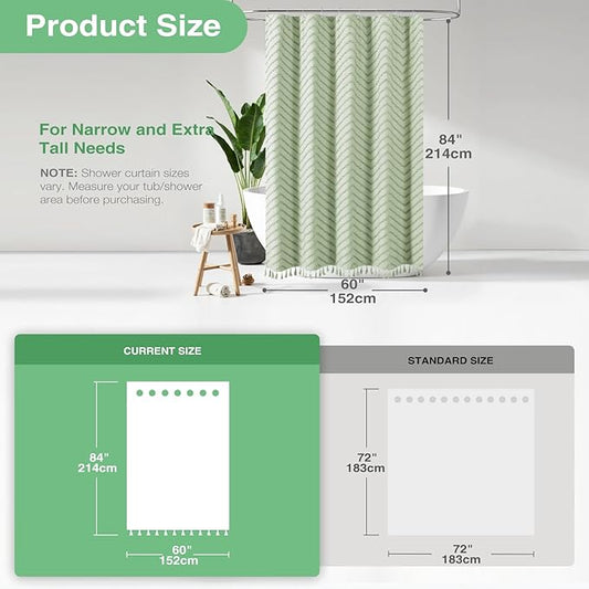 Dynamene Stall Shower Curtain and Liner Set - 60 x 84 inch Long Boho Shower Curtain and Waterproof Clear Liner, Tufted Chevron Striped Tassel Shower Curtains for Bathroom, 10 Hooks, 60x84, Sage Green