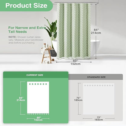 Dynamene Stall Fabric Shower Curtain, 60 x 84 inch Long Boho Farmhouse Tufted Chevron Striped Tassel Shower Curtain, Minimalist Ruffled Textured Cloth Shower Curtain Set, 10 Hook, 60x84, Sage Green