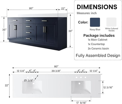 80-Inch Bathroom Vanity with Double Sinks W/ 4 Doors & 4 Drawers & 2 Flip Drawers, Navy Blue Vanity W/Brushed Nickel Handles