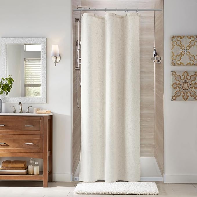36 Inch Shower Curtain - Narrow Half Small Beige Linen Ultra Thick Fabric Shower Curtain Set with 6 Hooks, Natural Boho Farmhouse Rustic RV Camper Bath Curtains for Bathroom, Cream