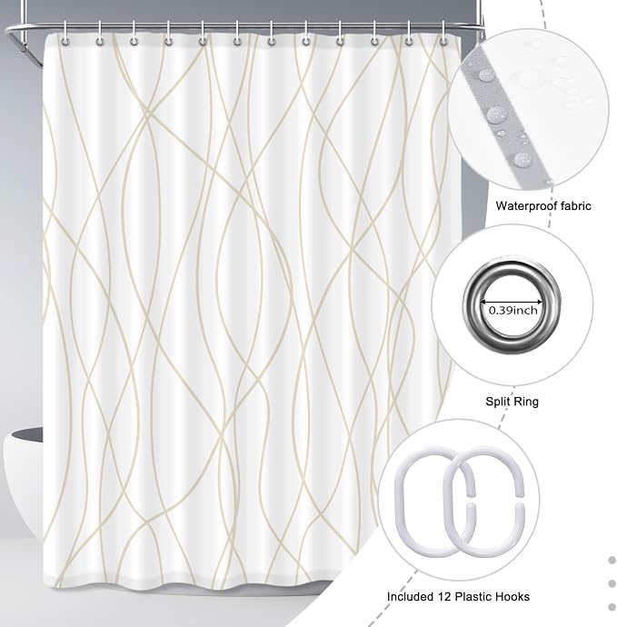 Striped Shower Curtain for Bathroom, Beige Khaki, 72" W x 84" L | with Hooks, Modern Hotel Style, Water Repellent, Washable, Weighted Hem