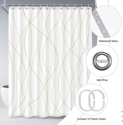 Striped Shower Curtain for Bathroom, Beige Khaki, 72" W x 84" L | with Hooks, Modern Hotel Style, Water Repellent, Washable, Weighted Hem