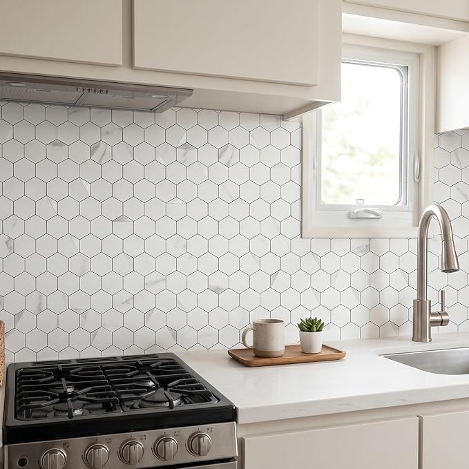 10-Sheet Peel and Stick Tiles for Kitchen Backsplashes, Hexagon 12.2x11.54 inches Marble White Mixed Silver Metal 3D PVC Wall Tile Stick on Backsplash for Bathroom Waterproof