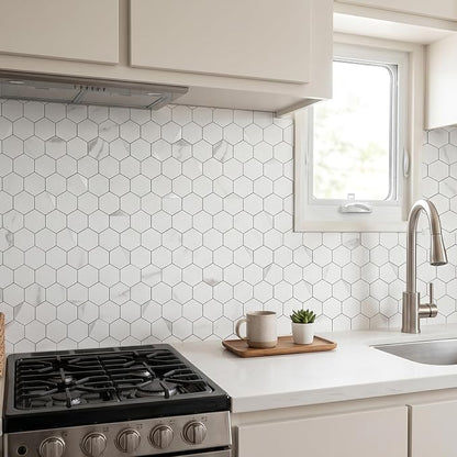 10-Sheet Peel and Stick Tiles for Kitchen Backsplashes, Hexagon 12.2x11.54 inches Marble White Mixed Silver Metal 3D PVC Wall Tile Stick on Backsplash for Bathroom Waterproof