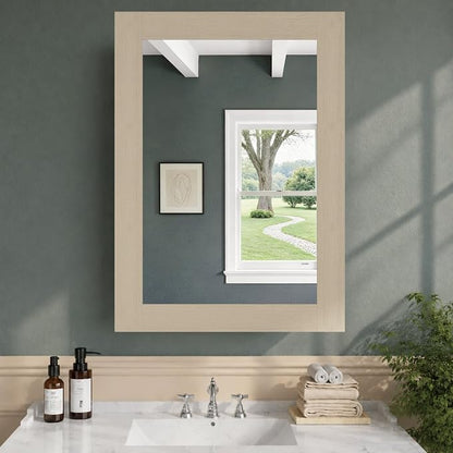Buruis 20 x 28 Inch Bathroom Wood Medicine Cabinet Mirror, Oak Finish | Fully Assembled Design, Adjustable Glass Shelves, Soft-Close Hinges, Bathroom Storage Organizer, Left/Right Opening