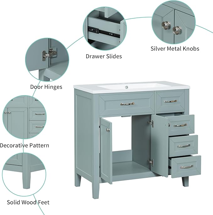 36 Inch Bathroom Vanities with Undermount Ceramic Sink, Storage Cabinet with Soft Closing Doors and Three Drawers, Solid Wood Frame, Green