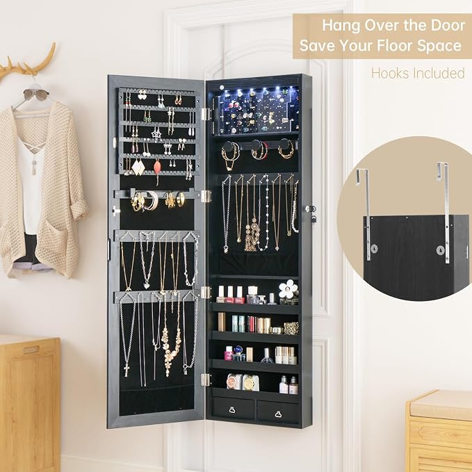 8 LED Lights Jewelry Armoire with Mirror with Storage And 2 Drawers | 47.3” H Mirror Jewelry Cabinet Door Hanging/Wall Mounted Mirror Black