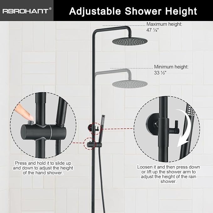 RBROHANT Exposed Shower System with Tub Spout, Matte Black Exposed Pipe Shower Faucet with 3 Functions Brass Shower Valve, Shower Height Adjustable, Wall Mounted