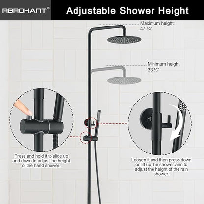 RBROHANT Exposed Shower System with Tub Spout, Matte Black Exposed Pipe Shower Faucet with 3 Functions Brass Shower Valve, Shower Height Adjustable, Wall Mounted