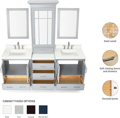 ARIEL Stafford 84-inch Bathroom Vanity with Sink,Solid Wood, 1.5-inch Pure White Quartz Countertop & Backsplash, Double Rectangular Porcelain Sink, 5 Soft Closing Doors, 6 Dovetail Drawers, Grey