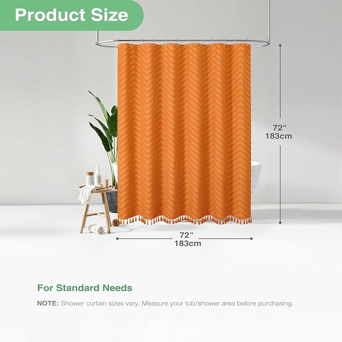 Dynamene Burnt Orange Boho Fabric Shower Curtain, Tufted Chevron Striped Tassel Textured Shower Curtain for Bathroom, Farmhouse Elegant Waterproof Minimalist Cloth Shower Curtain Set, 12 Hook, 72x72