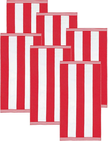 Superior Cotton Striped Beach Towels, Colorful Towels for Adult, Kid, Pool, Swimming, Sand, Travel, Large Oversized, Absorbent, Fast Drying, Bath Basics, Cabana Collection, Set of 6, Red