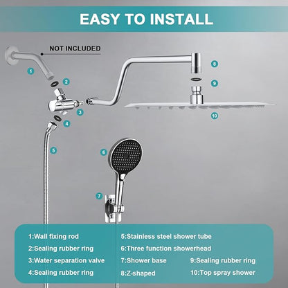 Rainfall Shower Head,12 Inch Rain High Pressure Shower Head with Spray Combo,14 Inch Adjustable Extension Arm and 3 Spray Filtered Shower Head with Filters,79 Inch Long Shower Hose, Silver Chrome