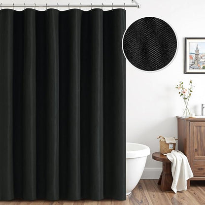 ANRODUO Black Linen Textured Fabric Shower Curtain Set - W72xL84 | Farmhouse Shower Curtain with 12 Metal Hooks, Waterproof Heavy Duty, Button Hole Design, Machine Washable for Bathroom