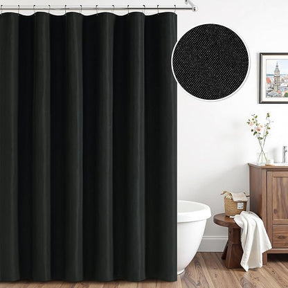 ANRODUO Linen Black Shower Curtain - Fabric Shower Curtain Set with 12 Metal Hooks, Waterproof Heavy Duty Textured Polyester, Button Hole Design, Machine Washable for Bathroom Hotel Bathtub, W70xL72