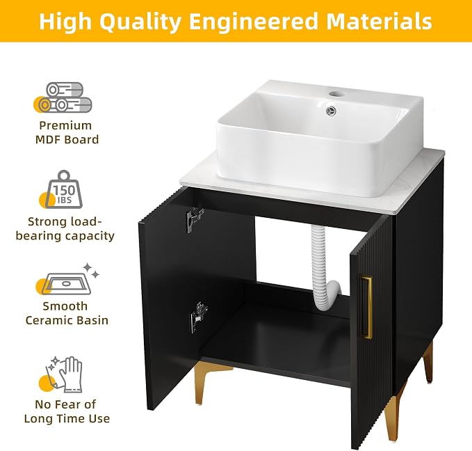DWVO Bathroom Vanity 24 Inch with Counter Top Sink Combo | Modern Bathroom Storage Vanity Cabinet Set Included 2 Large Soft Closing Doors, Drain, Gold Handles & Legs, Black