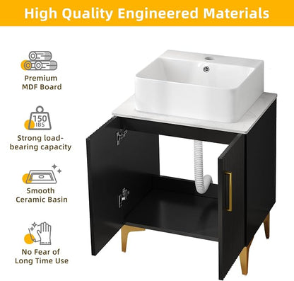 DWVO Bathroom Vanity 24 Inch with Counter Top Sink Combo | Modern Bathroom Storage Vanity Cabinet Set Included 2 Large Soft Closing Doors, Drain, Gold Handles & Legs, Black