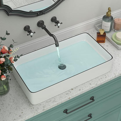 Rectangular Bathroom Vessel Sink - Beslend 24”x14” White Ceramic with Black Rim Porcelain Vessel Sink Above Counter Sink Modern Art Basin