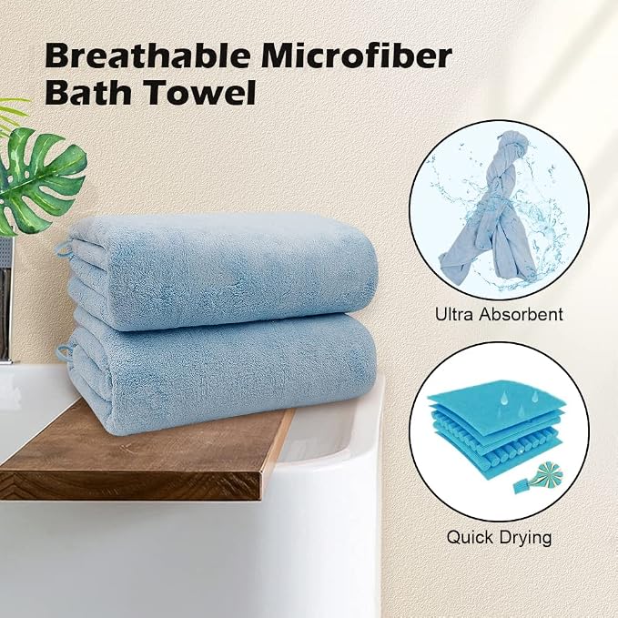 Orighty Bath Towels, Soft Feel Bath Towel, 2 Pack (27'' x 54'') | Highly Absorbent, Quick Drying Microfiber Towels for Body, Sport, Yoga, SPA, Fitness, Bathroom - Blue
