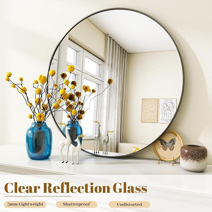 Large Black Round Bathroom Mirror 42" with Thin Metal Frame | Circle Wall Mounted Mirror Hanging or Leaning Decor for Hallway, Entryway, Fireplace Mantel, Living Room