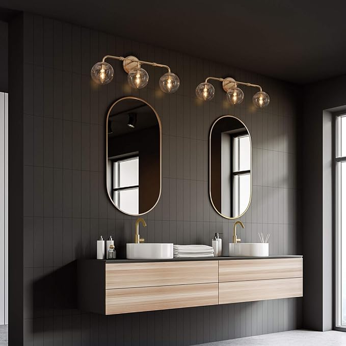 Bathroom Light Fixtures, 3-Light Gold Bathroom Vanity Light with Seeded Glass Shade, Bathroom Lighting Fixtures Over Mirror, L24.5'' x W7.5'' x H10''
