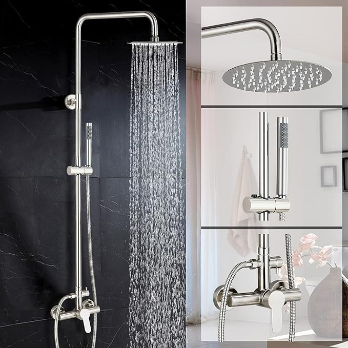 Rain Shower System Outdoor Shower Fixtures with 8" Rain Shower Head Handheld Sprayer Single Handle Wall Mounted Bathroom Shower Faucet Set Brushed Nickel for Bathroom or Backyard