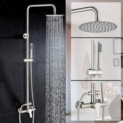 Rain Shower System Outdoor Shower Fixtures with 8" Rain Shower Head Handheld Sprayer Single Handle Wall Mounted Bathroom Shower Faucet Set Brushed Nickel for Bathroom or Backyard