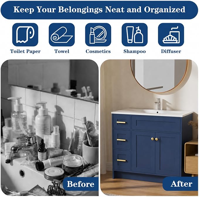 Blue Bathroom Vanity with Sink 36inch | 2 Doors and 3 Drawers | Wood Storage Basin Cabinet with Ceramic Basin for Home and Office