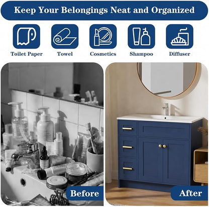Blue Bathroom Vanity with Sink 36inch | 2 Doors and 3 Drawers | Wood Storage Basin Cabinet with Ceramic Basin for Home and Office