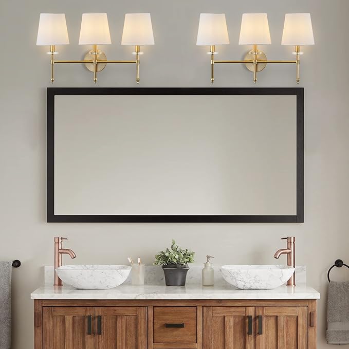 JONATHAN Y 23" Brass Gold Modern LED Wall Sconce, Midcentury Vanity Light for Bathroom Bedroom Hallway Decor, Iron Fixture with White Linen Empire Shade (JYL9921A)